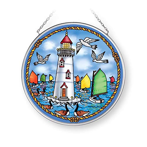 Amia Sailboats and Lighthouse  Medium Circle Glass Suncatcher  Multicolored