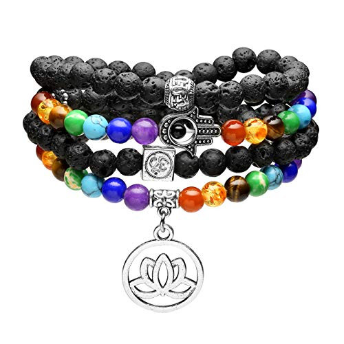 Jovivi 108 Mala Beads Chakra Bracelets Healing Crystal Necklace 6mm Lava Rock Stone Essential Oils Diffuser Bracelet 7 Chakras Bracelets Yoga Meditation for Stress Relief