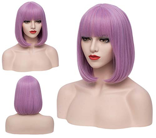 PATTNIUM Short Purple Straight Bob Wig with Flat Bangs for Women Rose Net Synthetic Wig Cosplay Halloween Party Wigs Lavender Purple PATTNIUM Short Purple Straight Bob Wig with Flat Bangs for Women Rose Net Synthetic Wig Cosplay Halloween Party Wigs Lavender Purple