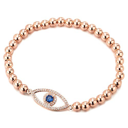 COOLSTEELANDBEYOND Rose Gold Protection Evil Eye Beads Women Bracelet with Blue White Cubic Zirconia