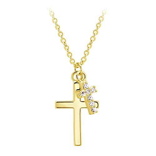 555Jewelry 2mm Rhodium Plated Brass Double Tiny Cross Necklace Chain with CZ  Cross Necklaces For Women  Cross Pendant for Women  Small Cross Necklace  Gold 555Jewelry 2mm Rhodium Plated Brass Double Tiny Cross Necklace Chain with CZ  Cross Necklaces For Women  Cross Pendant for Women  Small Cross Necklace  Gold