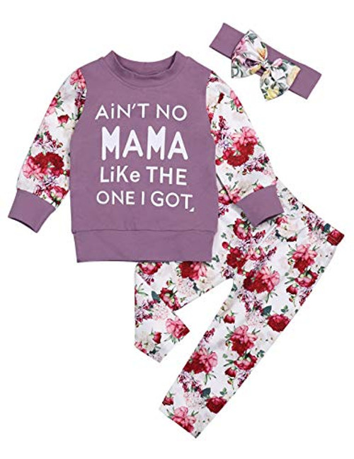 Yoveme Toddler Baby Girls Fall Clothes Floral Tops Flower Shirt Pants Outfit Set Twins Clothes Purple  0 6 Months