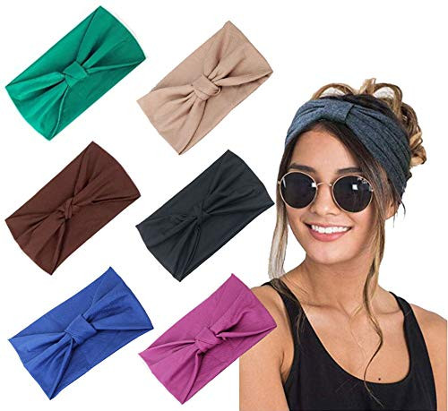 6Pcs Solid Wide Headbands for Women Elastic Bandana Knot Headbands Turban Headwraps Workout Head Wrap Hair Band Yoga Running Sport Twisted Hairband Hair Accessories for Women Girls