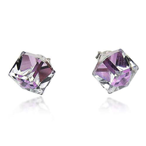 Lilac or Purple Fashion Crystal Prism Cube  925 Sterling Silver Stud Earrings