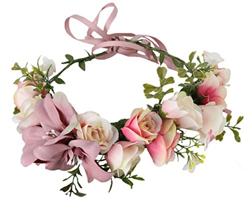 Women Flower Crown Bridal Flower Headband Hair Wreath Floral Headpiece Halo Boho with Ribbon Wedding Party Festival Photos Pink by Vivivalue Women Flower Crown Bridal Flower Headband Hair Wreath Floral Headpiece Halo Boho with Ribbon Wedding Party Festival Photos Pink by Vivivalue