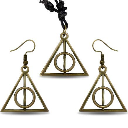 Adeley Harry Potter And The Deathly Hallows Inspired Brass Charm Dangle Earrings And Brass Charm Adjustable Necklace Set  Harry Potter Jewelry  Harry Potter Earrings And Harry Potter Necklace