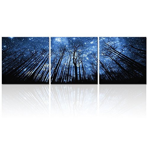 Visual Art Decor Starry Night Forest Canvas Wall Art Prints,Landscape Canvas Picture Wall Decal,Stretched and Framed,Bedroom Living Room Wall Decor Canvas Prints(3 panels Small)
