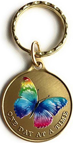 Color Rainbow Butterfly One Day at A Time Keychain Serenity Prayer in Bronze