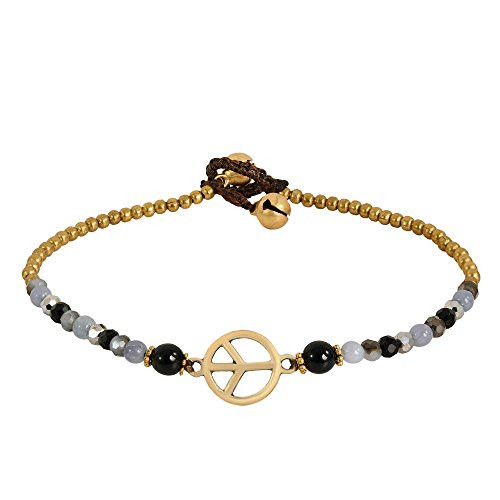 AeraVida Vintage Peace Sign with Simulated Black Onyx Simulated Quartz Fashion Brass Beads Link Anklet AeraVida Vintage Peace Sign with Simulated Black Onyx Simulated Quartz Fashion Brass Beads Link Anklet