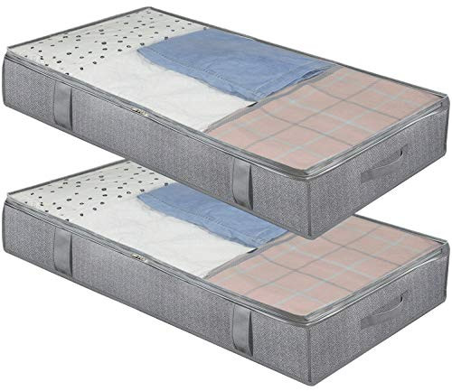 Onlyeasy Large Underbed Storage Bags Organizer Container  2 Pack  with 4 Handles and 2 Sturdy Zippers  Blankets Clothes Comforters Foldable Storage Bags with Clear Window  Herringbone Grey  MXRUBBP2