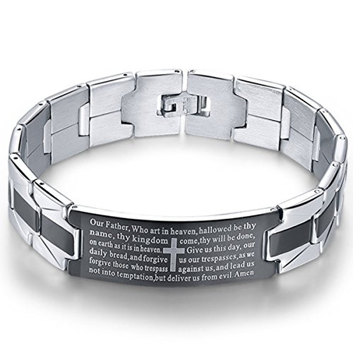 Men s Vintage Stainless Steel Black Cross Silver English Bible Lords Prayer Religious Link Wrist Bracelet  Cross Middle  Black Silver  7 9 inch