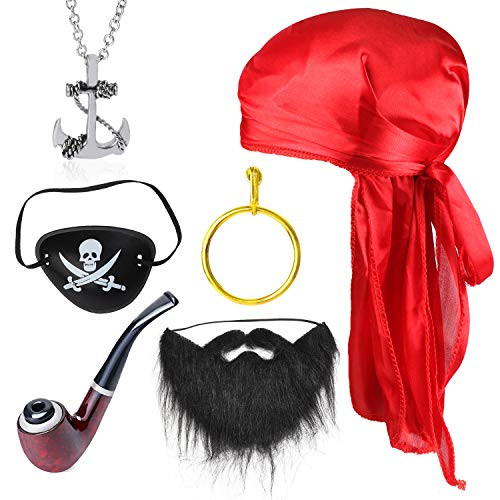 Beelittle Captain Pirate Costume Accessory Set Durag Long Tail Headwraps Silky Cap Pirate Eye Patch Halloween Pirate Accessories Kit for Halloween Pirate Party Dress Up  Red