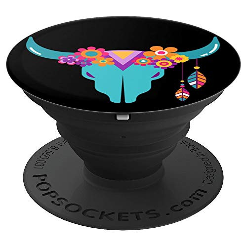 Cute Cow Skull   Hippie Flowers on Black PACJ0176 PopSockets Grip and Stand for Phones and Tablets