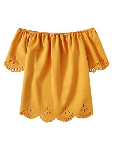 Romwe Women s Short Sleeve Off Shoulder Hollow Out Solid Crop Blouse Top Yellow M