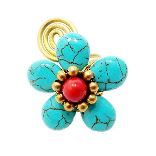 AeraVida 28 mm Handmade Simulated Turquoise and Reconstructed Red Coral Flower Brass Wire Wrap Ring AeraVida 28 mm Handmade Simulated Turquoise and Reconstructed Red Coral Flower Brass Wire Wrap Ring