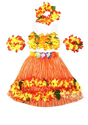 Kids Girl s Elastic Hawaiian Hula Dancer Grass Skirt with Top and Hawaiian Flower Costume Set  Orange