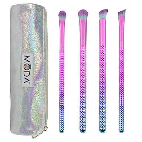 MODA Full Size Prismatic Bold Eye 5pc Makeup Brush Set with Pouch  Includes  Eye Shader  Domed Shadow  Angle Eye Blender  and Brow Brushes  Pink  Teal Ombre