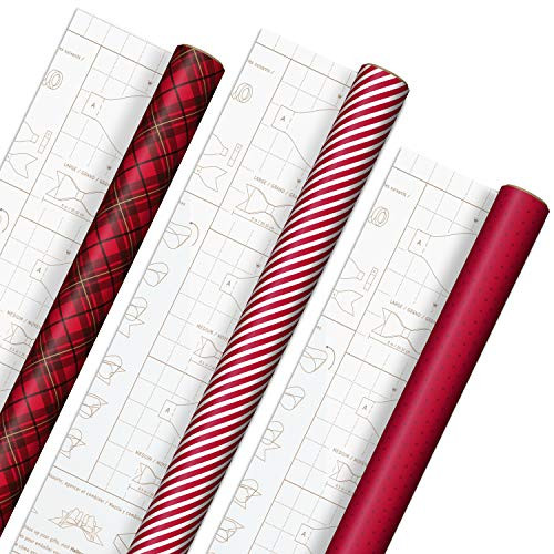 Hallmark Holiday Wrapping Paper with DIY Bow Templates on Reverse  3 Rolls  120 sq  ft  ttl  Red Plaid  Stripes  Polka Dots for Christmas  Valentines Day  Birthdays  Graduations