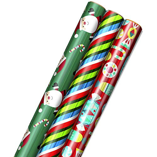 Hallmark Foil Christmas Wrapping Paper with Cut Lines on Reverse  3 Rolls  60 sq  ft  ttl  Cute Santa  Colorful Candy  Blue  Green  Red Stripes
