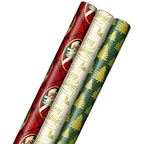 Hallmark Foil Christmas Wrapping Paper with Cut Lines on Reverse  3 Rolls  60 sq  ft  ttl  Classic Santa Claus  Gold  Merry Christmas   Green Plaid with Gold Trees
