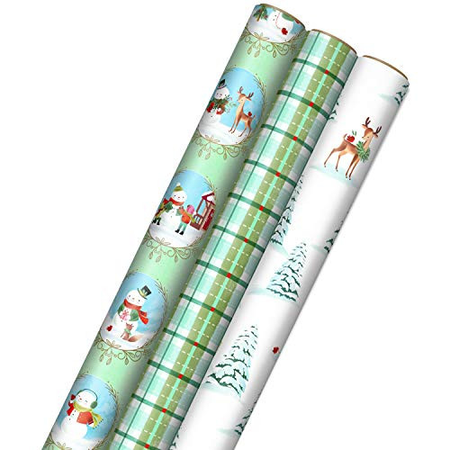 Hallmark Christmas Wrapping Paper with Cut Lines on Reverse  3 Rolls  120 sq  ft  ttl  Storybook Critters  Snowmen  Green and Blue Plaid