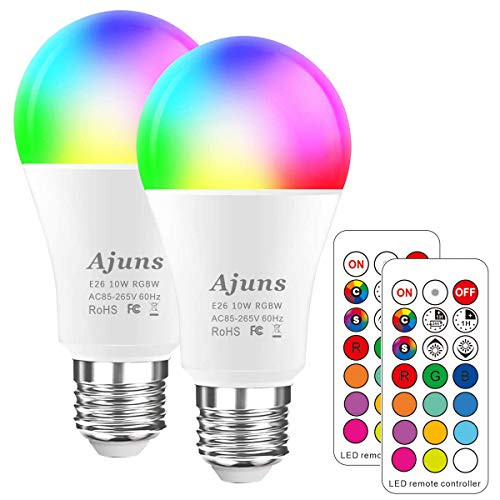 RGB LED Light Bulbs  10W LED Color Changing Light Bulb with Remote Control   Dimmable E26 Screw Base RGBW Bulb 5000K  2 Packs