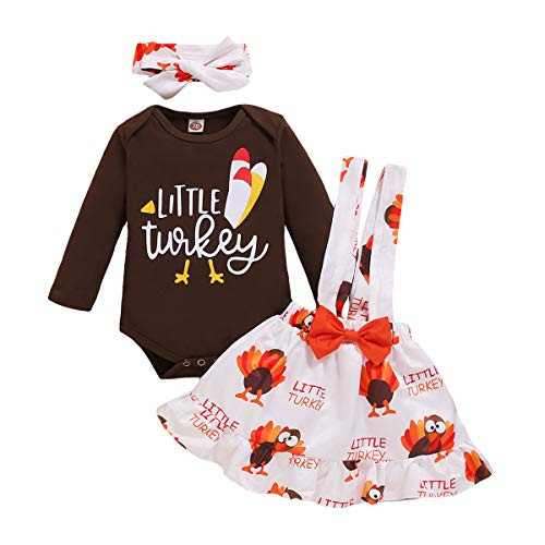 Toddler Baby Girl Thanksgiving Outfits Ruffle Sleeve Shirt Tops Turkey Suspenders Skirt  Headband 3pcs Clothes Set  6 12 Months  Romper Turkey Strap Skirt Set