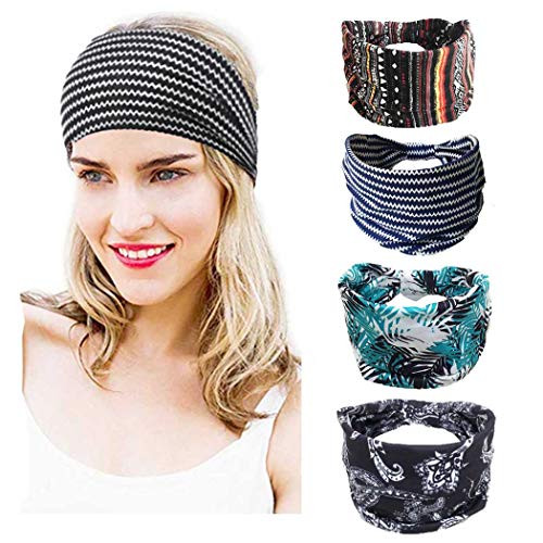 Barode Women Boho Wide Headbands Yoga Floal Style Headband Turban Workout Running Head Wrap Stretchy Cotton Sweatbands Athletic Sports Hair Bands for Women and Girls ?Pack of 4?
