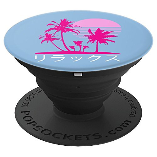 Aesthetic Vaporwave Palm Tree Beach Retro 1980s Otaku PopSockets Grip and Stand for Phones and Tablets