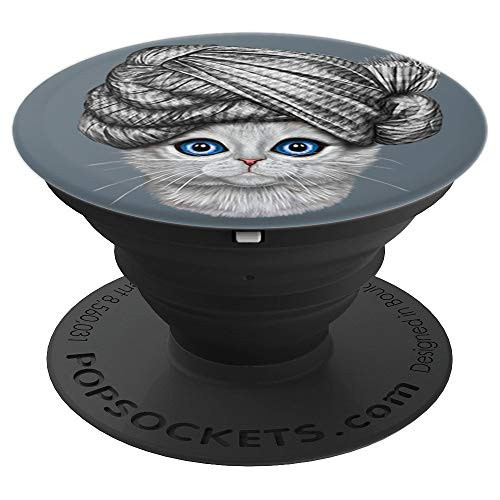 White Tabby Kitten Cat wearing Turban Head Wrap PopSockets Grip and Stand for Phones and Tablets
