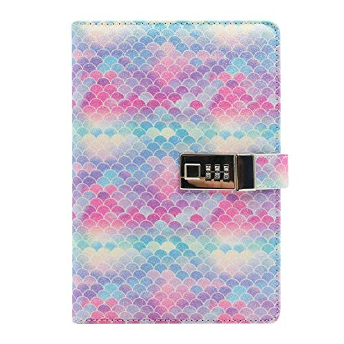 Eilova Creative Mermaid Scale Pattern PU Personal Travel Journal Diary Writing Planner Notebook Classic Notepad with Combination Lock(A5 Ruled, 80Sheets/160Pages)