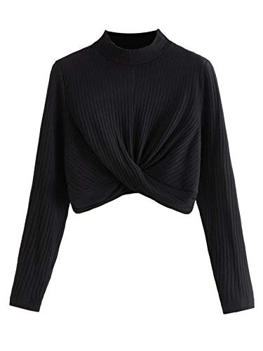 Romwe Women s Casual Turtle Mock Neck Rib Knit Long Sleeve Criss Cross Hem Crop Blouse Top Tee Black Medium