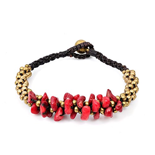 AeraVida Surfer Inspired Reconstructed Red Coral   Fashion Brass Beads   Jingle Bell Toggle Bracelet