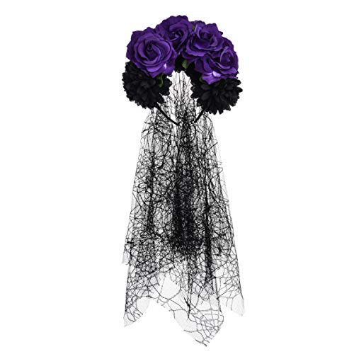 DreamLily Day of The Dead Headband Costume Rose Flower Crown Mexican Headpiece BC40  Veil Purple
