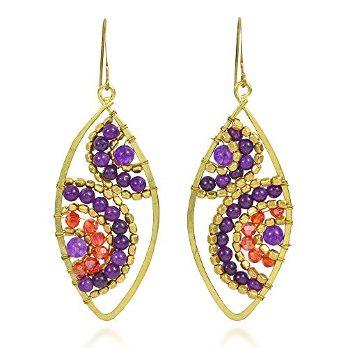 Motif Beads Marquise Simulated Amethyst Brass Dangle Earrings