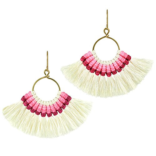 Chic Pair of Fan Shaped Pink   Creme Tassel Brass Dangle Earrings