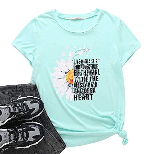 Fanfly Women s Cute Sunflower Graphic T Shirts Letter Print Short Sleeve O Neck Summer Casual Cotton Tees Tops Light Green
