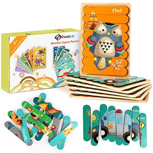 Fansteck Wooden Jigsaw Puzzles for Toddler  6 Boards Sorting and Stacking Toys Peg Puzzles Animals   Transportation Preschool Learning Puzzles for Kids 3  Years Old  12 Pictures   48 Pieces