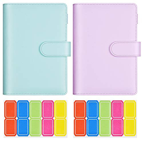 A6 PU Leather Notebook Binder Refillable 6 Ring Budget Binder for A6 Filler Paper Binder Pockets Personal Organizer Planner Binder with Magnetic Buckle   Self Adhesive Label?Purple   Blue ?