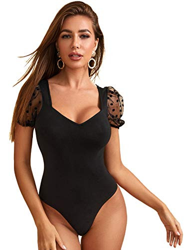 Verdusa Women s Polka Dot Mesh Puff Sleeve Bodycon Leopard Bodysuit Top Black M
