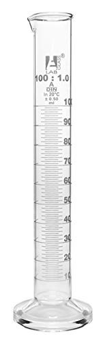 Measuring Cylinder  100ml   Class A  Tolerance  ±0 50ml   Borosilicate Glass  White Graduations   Round Base   Eisco Labs
