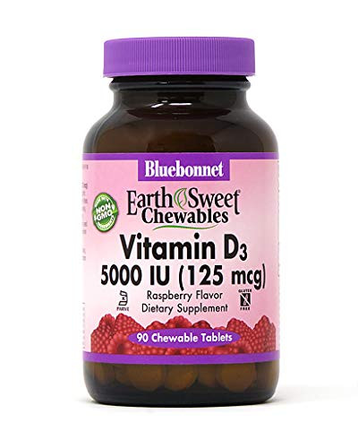 Bluebonnet Nutrition Earth Sweet Vitamin D3 5000 IU Chewable Tablets  Aids in Muscle   Skeletal Growth  D3  Non GMO  Gluten  Free  Soy Free  Milk Free  Kosher  90 Chewable Tablets  Raspberry Flavor