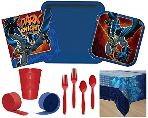 Batman Party Supply Bundle for 16 Guests - Includes Plates, Napkins, Utensils, Tablecover, Cups and Streamers
