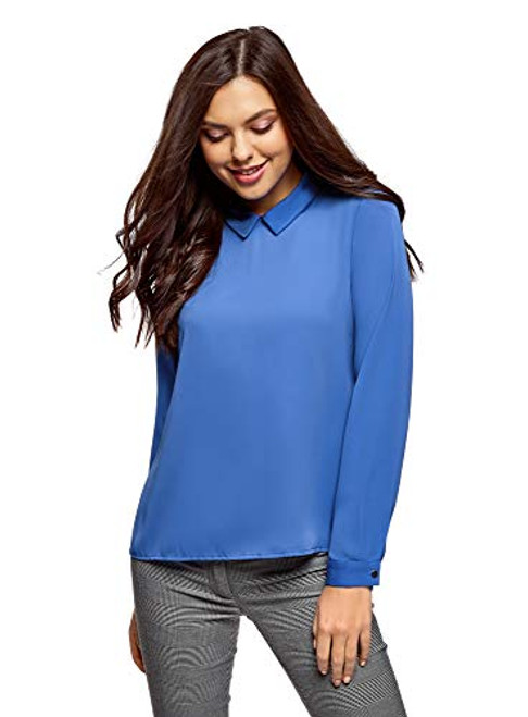 oodji Ultra Women s Straight Fit Blouse with Turndown Collar  Blue  0