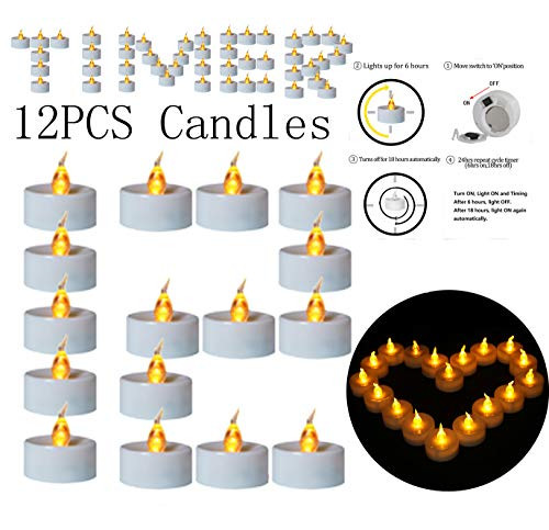 Xinind 12 Pcs Timer Tea Light Yellow Flickering LED Candles Battery Powered Votive Flameless Candles Tealight Candles Home Christmas Thanksgiving Day Party Decor Candle