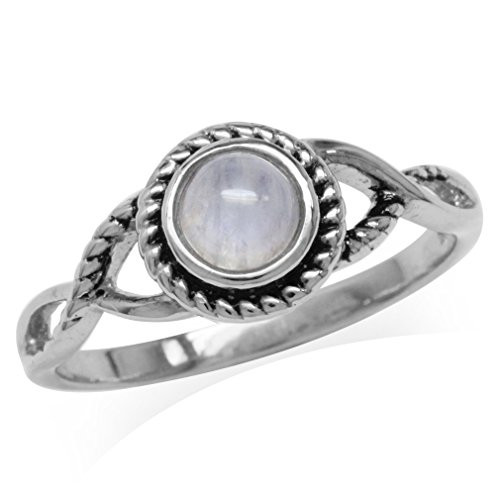 Silvershake 5mm Natural Round Shape Moonstone 925 Sterling Silver Rope Solitaire Ring Size 5