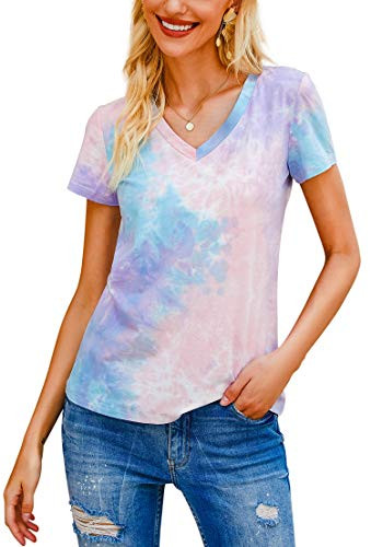 Hibluco Women s Casual V Neck Short Sleeve Tops Summer Tie Dye T Shirt Purple