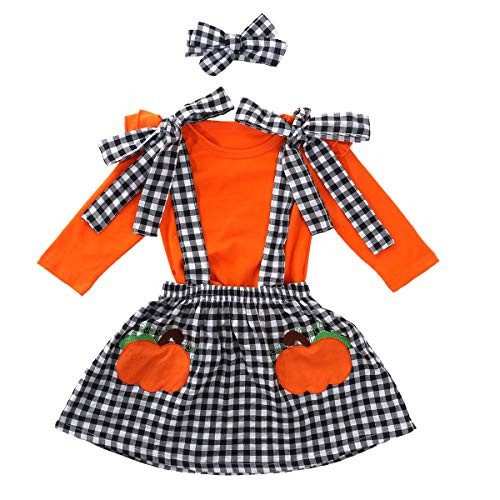 Toddler Baby Girl Halloween Clothes Solid Plain Long Sleeve T Shirt Tops Pumpkin Plaid Suspender Skirt Headband Overall Outfit 2PCS Set  Orange  12 18 Months