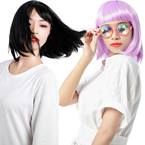 Short Purple Bob Hair Wigs Straight Flat Bangs Synthetic Colorful Cosplay Daily Party Wig for Women Natural As Real Hair With Free Wig Cap Short Purple Bob Hair Wigs Straight Flat Bangs Synthetic Colorful Cosplay Daily Party Wig for Women Natural As Real Hair With Free Wig Cap
