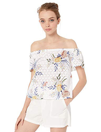 BB Dakota Junior s Sun s Out Printed Off The Shoulder Eyelet top  Optic White  Medium